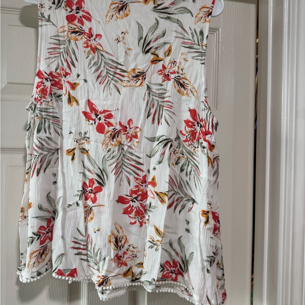 Coral and Green Floral Sleeveless Top with Pom Pom Trim